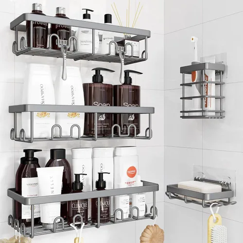 Vista 14 de YASONIC Shower Caddy Adhesive, Rustproof Shower Organizer, Wall Shower Rack Negro