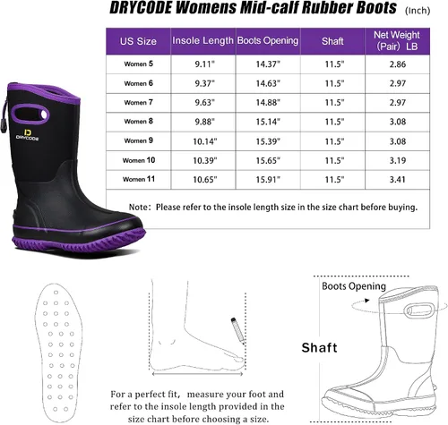 Vista 5 de D DRYCODE Rubber Boots for Women, Rain Boots with Warm Neoprene, Waterproof Mid Calf Mud Insulated Work Boots for Womens Gardening, Farming
