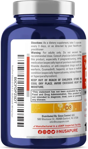 Vista 3 de NusaPure Vitamina D3 y K-2, sin OMG, 250 mg, 180 cápsulas vegetales - 180 porciones Dietary Supplement Formula, Vitamin D3 & K-2, Suitable for