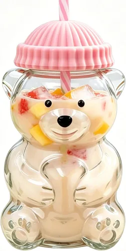Vista 10 de Vaso con popote de vidrio con diseño de oso – Lindo vaso de vidrio reutilizable para batidos, café helado, cócteles de café helado (2, verde)