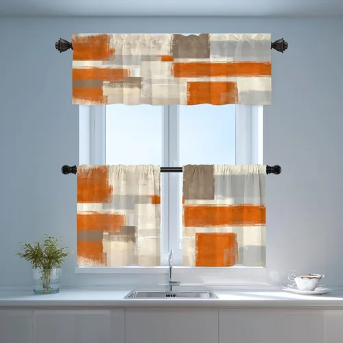 Vista 6 de Shrahala Beige and Orange Abstract Art Brushstrokes Blackout Curtain Tiers, Abstract Oil Paint Kitchen Valance Light Blocking Tier Drapes with Rod