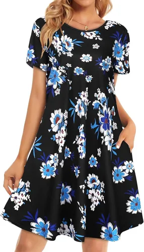 Vista 13 de Vestidos de verano para mujer, informales, holgados, estilo camiseta, florales, de manga corta, con vuelo y bolsillos, para la playa
