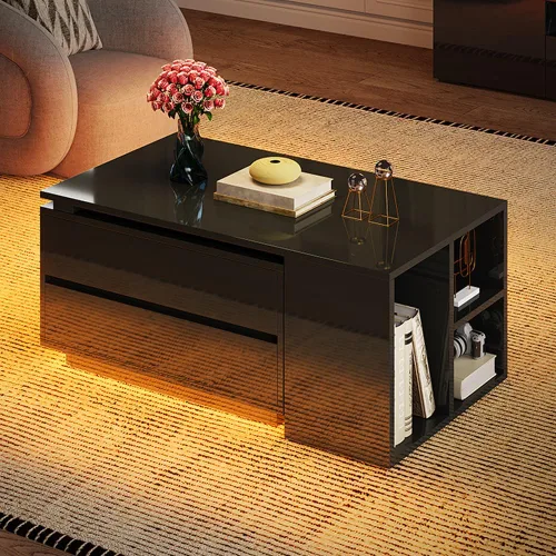 Vista 8 de Mesas de centro LED modernas YITAHOME para sala de estar Wood Center Table with 2 Storage Drawers, Open Shelves, High Gloss Finish, LED Lighting