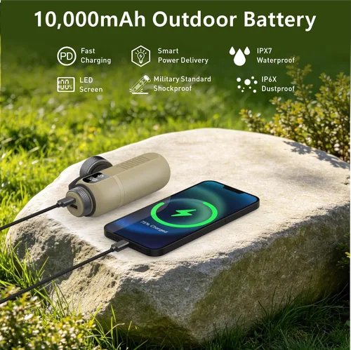 Vista 3 de Banco de energía resistente de 10,000 mAh con carga rápida USB-C PD, IP68 impermeable a prueba de golpes, cargador táctico al aire libre