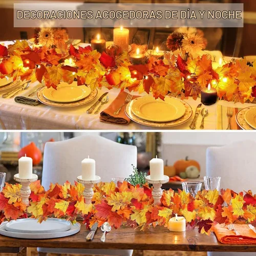 Vista 3 de Paquete de 2 guirnaldas de hojas de otoño con luces, funciona con pilas, decoración de Acción de Gracias Extra Long 23.6Ft Maple Garland with