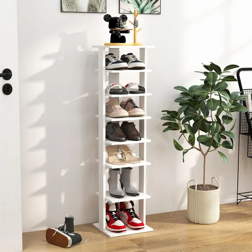 Vista 10 de Tangkula Zapatero vertical de 7 niveles, zapatero patentado de madera de doble fila con dispositivo anticaída, organizador de zapatos estrecho