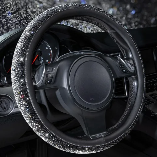 Vista 11 de CAR PASS Funda para volante de cuero beige con diamantes brillantes, cristales blancos brillantes con purpurina y pedrería, ajuste universal de 14