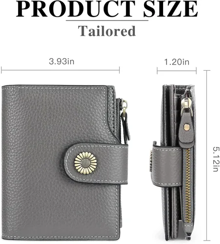 Vista 3 de FALAN MULE Cartera pequeña para mujer, de piel auténtica, plegable, compacta, pequeña, con bloqueo RFID, Gris oscuro, Casual