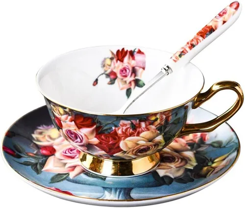 Vista 13 de YBK Tech - Juego de tazas y platillos de porcelana estilo europeo, taza de café de cerámica para el hogar, cocina, boda (patrón de leopardo)