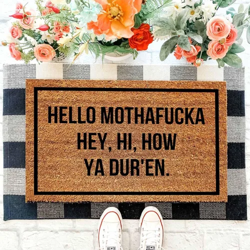 Vista 4 de Divertido tapete de coco – Hello Mothafucka Welcome Front Porch Decor – Alfombra personalizada con respaldo de PVC resistente – Tapete