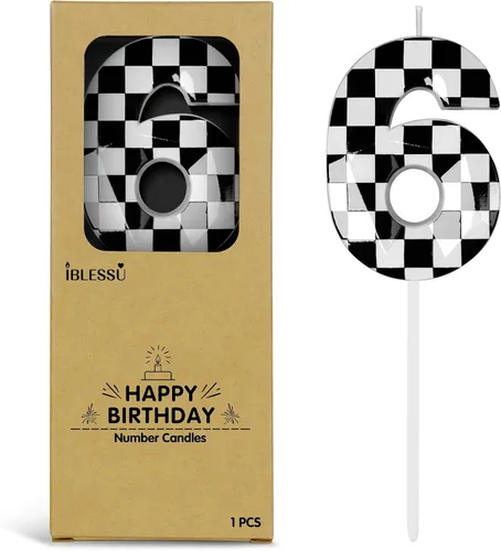 Vista 14 de Velas de cumpleaños de autos de carreras número 1, velas de cumpleaños a cuadros negros y blancos de 2.68 pulgadas, velas con números con temática