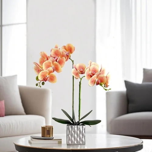 Vista 7 de Orquídeas artificiales Floreros de plata, orquídeas artificiales, orquídea naranja, altura 20 pulgadas