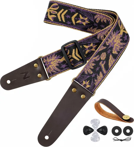 Vista 16 de Nefelibata Correa de guitarra, correas de guitarra de algodón bordadas con extremos de cuero de vaca para bajo, guitarras eléctricas y acústicas