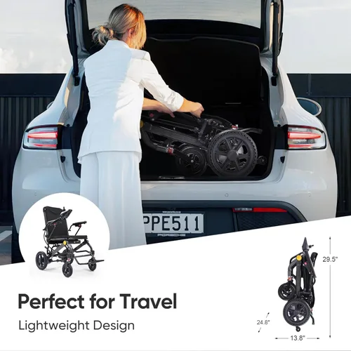 Vista 4 de Silla de ruedas eléctrica ligera de 32 libras para adultos con motores duales, potente silla de ruedas eléctrica plegable portátil, aprobada por