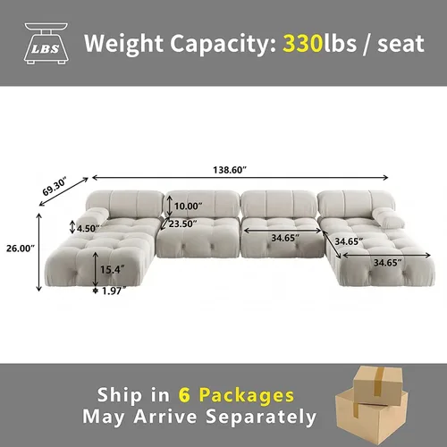 Vista 2 de JACH - Sofá modular modular de 138 pulgadas, sofás minimalistas de terciopelo en forma de U con tumbonas, sofás convertibles modernos de 6 asientos