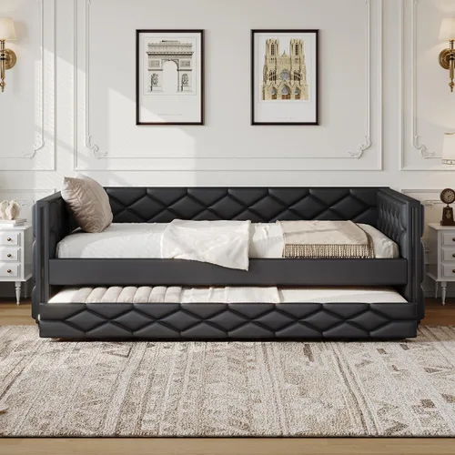 Vista 23 de Cama Diván Moderna Tamaño Twin XL con Cinturón LED y Cama Nido, Marco de Cama Plataforma de Madera con Cabecera Tapizada con Almacenamiento, Sofá