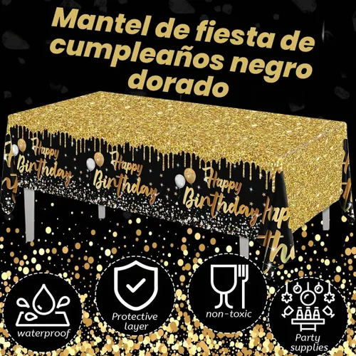 Vista 6 de Paquete de 3 Manteles de Feliz Cumpleaños Manteles Negros y Dorados Cubierta de Mesa de Plástico Mantel Rectangular de Cumpleaños para Mujeres