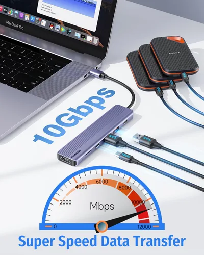 Vista 4 de Hub USB C 6 en 1 de 10 Gbps, adaptador HDMI multipuerto para MacBook 4K a 60Hz a USB C 3.2, puertos USB-3.2 de 3 puertos, 100 W PD, lector de crard