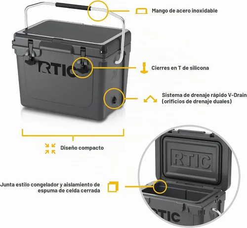 Vista 3 de RTIC Enfriador ultra resistente, caja de cofre de hielo aislada dura para playa, bebida, camping, picnic, pesca, barco, barbacoa Gris oscuro