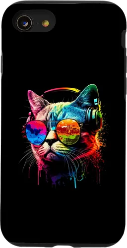 Vista 13 de Funda divertida para iPhone 15 DJ Cat con gafas de sol, auriculares y música
