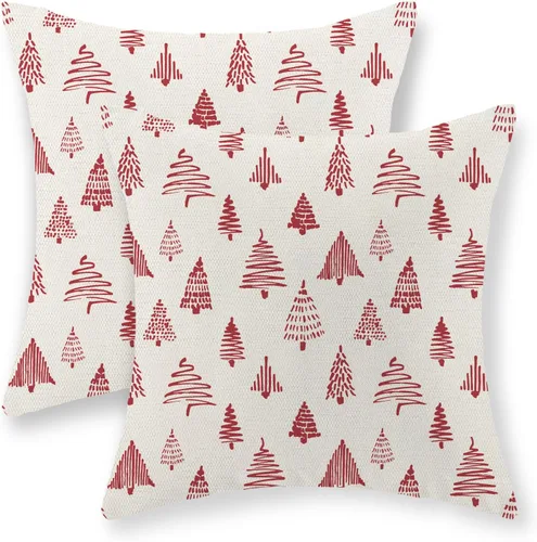 Vista 14 de Juego de 2 fundas de almohada navideñas de 16 x 16 pulgadas, fundas de almohada de lino color rojo con diseño de alces y ciervos de invierno