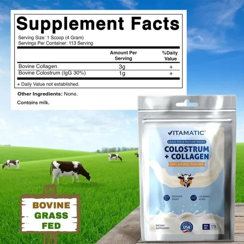 Vista 2 de Vitamatic Calostro bovino + colágeno en polvo, suplemento para la salud intestinal, crecimiento del cabello, belleza, recuperación muscular y apoyo