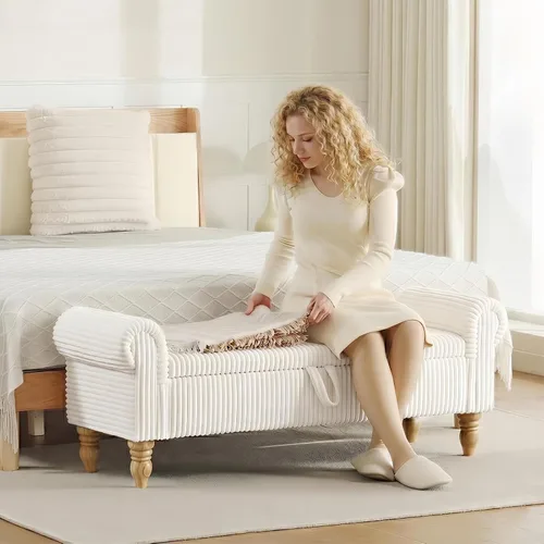 Vista 6 de Banco tapizado de pana de 55 pulgadas con brazos enrollados para dormitorio, color blanco