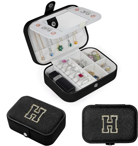 Vista 3 de Parima Joyero de viaje negro para mujeres y niñas, joyero con inicial H Joyero mediano Joyero de viaje para mujer Joyero de viaje Regalos