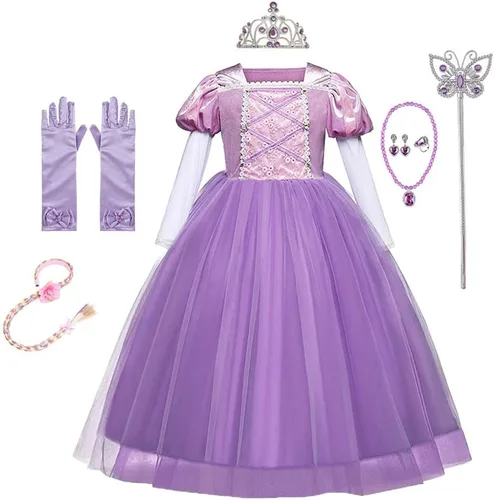 Vista 13 de Disfraz de princesa Sofía Rapunzel para niñas, disfraz de Halloween, Navidad, cumpleaños, fiesta con accesorios