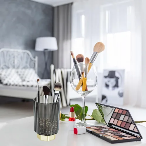 Vista 5 de HOMSFOU Vintage Scandinavian Gold-edged Glass Brush Holder, Gray Makeup Brush Organizer and Pencil Cup, Desk Pen Holder for Office Supplies and