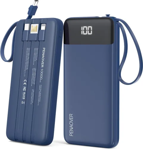 Vista 10 de penaover Cargador Portátil 10000mAh Power Bank con Cable Incorporado, 5 Salidas 2 Entradas Esencial de Viaje Paquete de Batería Externa con Pantalla