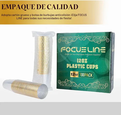 Vista 6 de FOCUSLINE Paquete de 100 vasos de plástico de 12 onzas con borde dorado, vasos transparentes de 12 onzas, vasos duros desechables elegantes