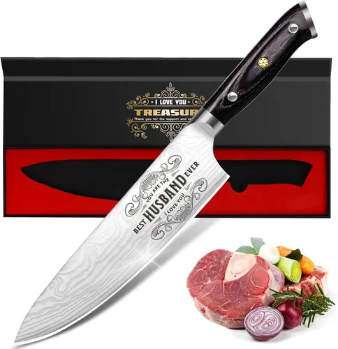 Vista 9 de Juego de 4 cuchillos de cocina profesional, juego de cuchillos de chef de acero inoxidable alemán de Damasco con caja de madera, cuchillo de chef