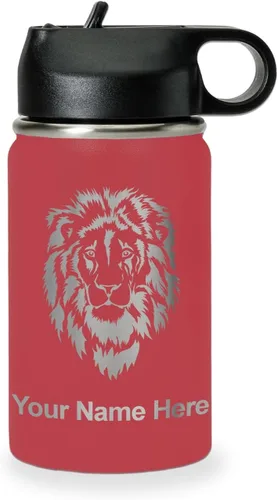Vista 23 de LaserGram Botella de agua personalizada, cabeza de león, acero inoxidable de doble pared aislada al vacío con popote superior, regalo grabado