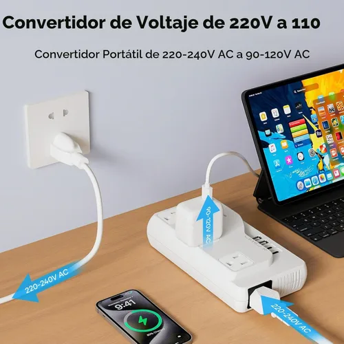 Vista 2 de Convertidor de voltaje de 220 V a 110 V, adaptador de viaje internacional con 4 cargadores USB (2 USB C), 3 enchufes de CA y adaptador de corriente