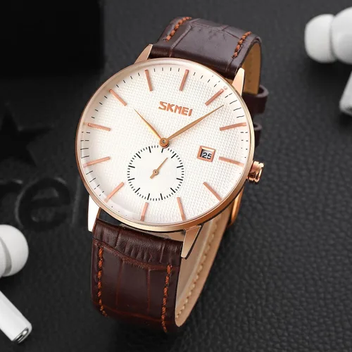 Vista 3 de FANMIS Reloj de pulsera analógico de cuarzo súper fino unisex clásico unisex de acero inoxidable ultra fino caso de negocios, Marrón