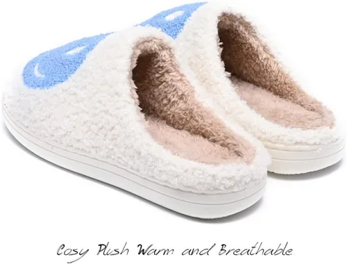 Vista 5 de Pantuflas retro para hombre y mujer, con cara feliz, cómodas, cálidas, de felpa, para invierno, interiores, suaves, antideslizantes, esponjosas