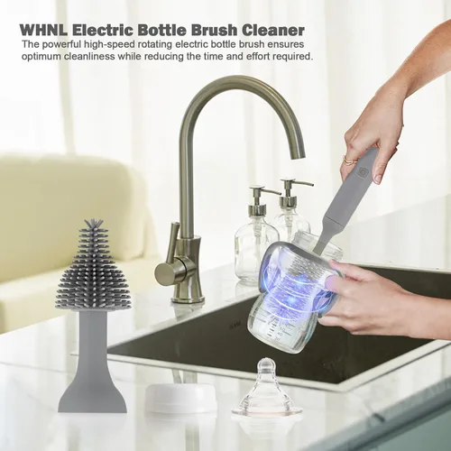 Vista 2 de Juego de limpiador eléctrico para biberones, recargable, cepillo de silicona para botellas, limpiador de pezones y pajitas. Cepillo giratorio