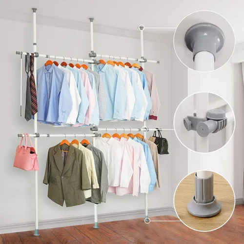 Vista 5 de Estante doble para ropa, estantes ajustables para colgar ropa, ropa de 2 niveles, ropa resistente, sistema independiente de armario blanco