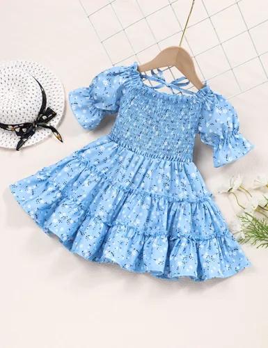 Vista 2 de Vestido de niña pequeña, cuello cuadrado, manga abombada, acampanado, vestidos florales de verano para niñas pequeñas, 2-6T