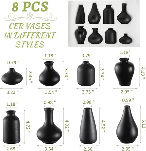 Vista 2 de Juego de 8 jarrones negros pequeños, mini jarrones de cerámica para flores Pampas Grass, Perfect for Living Room, Table Centerpieces, Black Vases