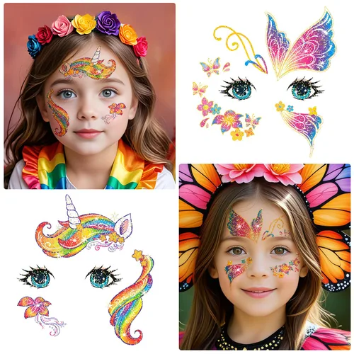 Vista 5 de Leesgel 24 hojas de tatuajes faciales con purpurina para niños, tatuajes de pintura facial para cumpleaños de niños y niñas, recuerdos de fiesta
