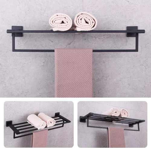 Vista 2 de GERZWY Estante de toalla con toallero organizador para baño de 24 pulgadas SUS 304 de acero inoxidable moderno montaje en pared negro mate AG1502B-BK