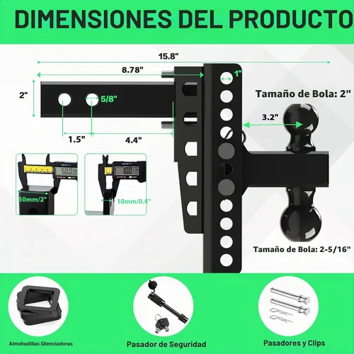 Vista 7 de Enganche de remolque ajustable para receptor de 2 pulgadas, caída