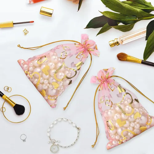 Vista 5 de G2PLUS - Bolsas de organza de corazón, 50 bolsas de regalo con cordón transparente de 4 x 6 pulgadas Pink Mesh Bags with Gold Foil Hearts for