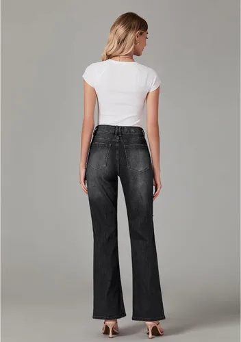 Vista 3 de LookbookStore - Jeans rasgados de cintura alta para mujer, pantalones de pierna ancha acampanados y desgastados