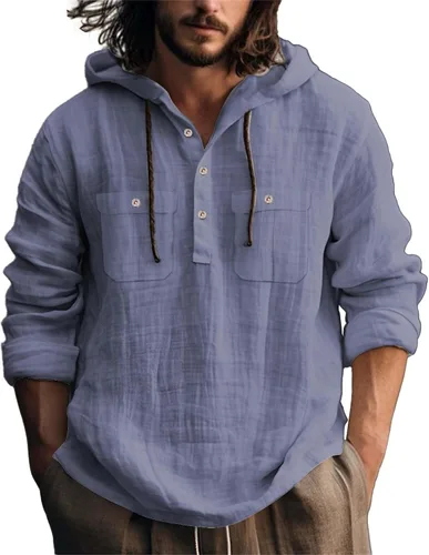 Vista 17 de Camisas de lino para hombre, ligeras, con botones, de manga larga, con capucha, ajuste regular, de algodón, para la playa