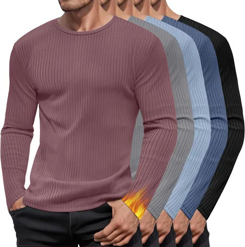 Vista 15 de Paquete de 5 camisas térmicas de algodón para hombre, manga larga, acanaladas, cuello redondo, ajustadas, suéter casual