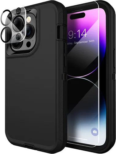Vista 11 de MXX Funda resistente hecha para iPhone 14 con pantalla de vidrio templado, protector de lente de cámara de 3 capas, protección de cuerpo completo, a