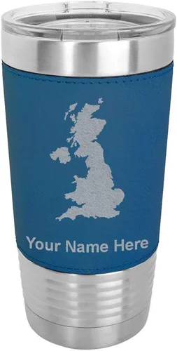 Vista 12 de LaserGram 20oz Vacuum Insulated Tumbler Mug, Country Silhouette United Kingdom, Personalized Engraving Included (Faux Leather, Baseball Style)